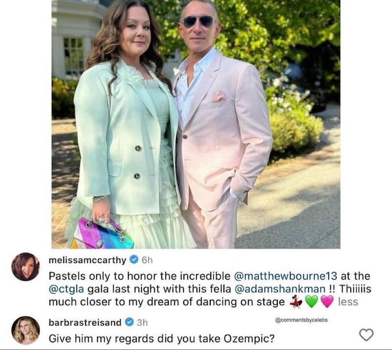 Instagram Screenshot: featuring Melissa McCarthy in pastel green dress, with Matthew Bourne in pink suit.