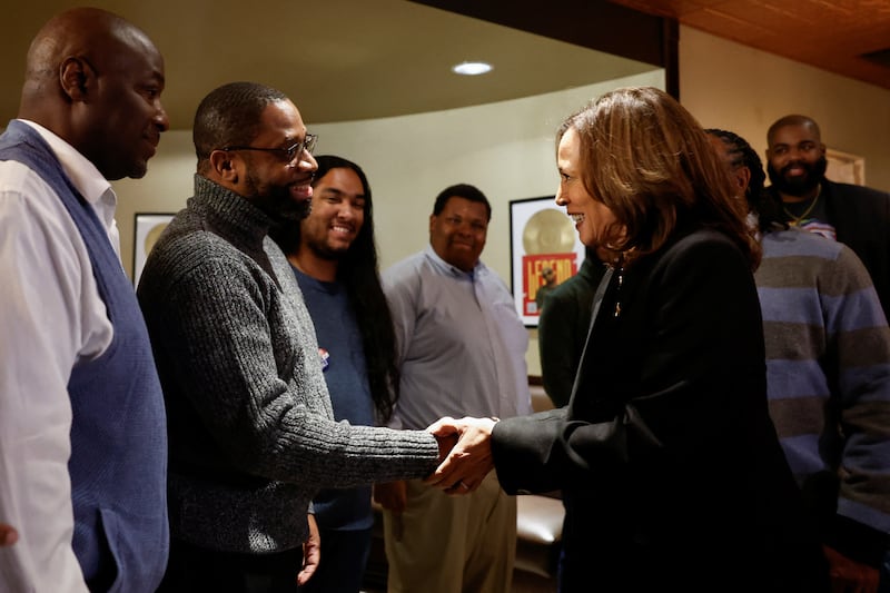 Kamala Harris shakes a supporters hand.