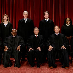 The justices, Oct. 7, 2022. Seated (L-R): Sonia Sotomayor, Clarence Thomas, Chief Justice John G. Roberts, Jr., Samuel A. Alito, Jr. and Elena Kagan. Standing (L-R): Amy Coney Barrett, Neil M. Gorsuch, Brett M. Kavanaugh and Ketanji Brown Jackson.