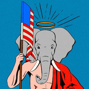 Illustration of Jesus holding an American flag with an elephant head