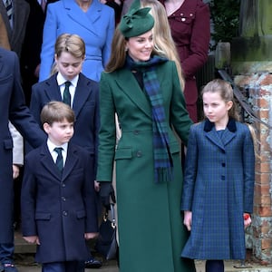 SANDRINGHAM, NORFOLK - DECEMBER 25: Prince William, Prince of Wales,Prince Louis of Wales,Prince George of Wales,Princess Catherine, Princess of Wales and Princess Charlotte of Wales attends the 2024 Christmas Morning Service at St Mary Magdalene Church on December 25, 2024 in Sandringham, Norfolk.