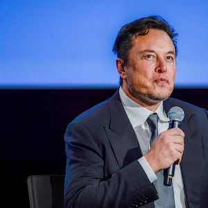 Elon Musk speaks on stage holding a microphone.