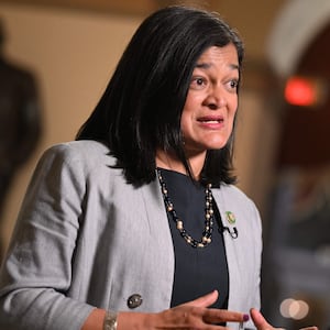 A photo of Rep. Pramila Jayapal speaking at the US Capitol.