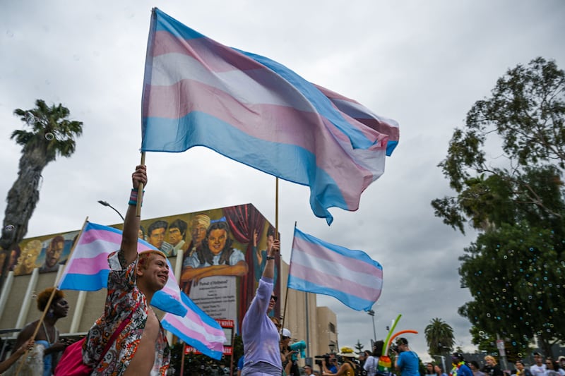 People wave a Transgender Pride flag as they attend the 2023 LA Pride Parade on June 11, 2023 in Hollywood, California