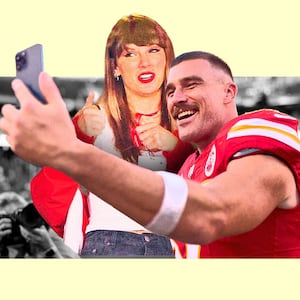 A photo composite of Travis Kelce holding out his phone with Taylor Swift next to him giving a thumbs up