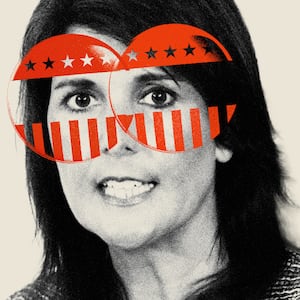 Photo illustration of Nikki Haley with voting badges overlaid over her eyes like a mask.