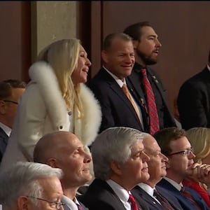 Rep. Marjorie Taylor Greene yells during the 2023 State of the Union speech.