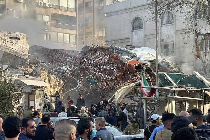 Photograph of the remains of the Iranian Embassy in Damascus, Syria