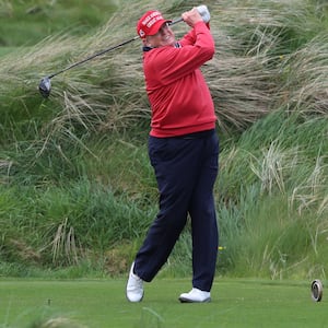 Former U.S. President and Republican presidential candidate Donald Trump plays golf at Trump International Golf Links course, in Doonbeg, Ireland May 4, 2023. 