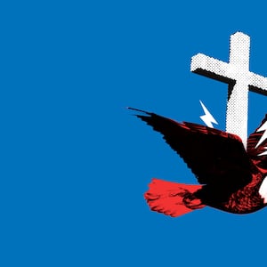 A photo illustration of a bald eagle with a cross hitting it in the back.