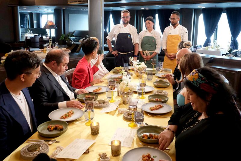 Top Chef. Pictured: (l-r) Justin Pichetrungsi, Emeril Lagasse, Kristen Kish, Daniel Jacobs, Savannah Miller, Danny Garcia, Tom Colicchio, Carrie Nahabedian.