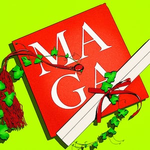 Illustration of a red graduation cap with "MAGA" on it, a diploma, and ivy on it