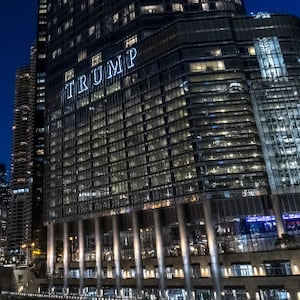 A view of the Trump Tower as colorful lights illuminate the streets in Chicago.