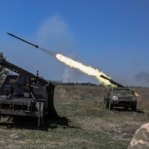 Ukrainian servicemen fire small multiple launch rocket systems towards Russian troops, amid Russia's attack on Ukraine, near a front line in Zaporizhzhia region, Ukraine August 19, 2023. 