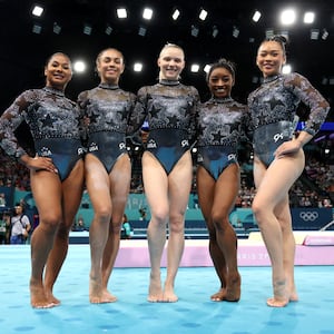 Jordan Chiles, Hezly Rivera, Jade Carey, Simone Biles, and Sunisa Lee at the Paris Olympics. 