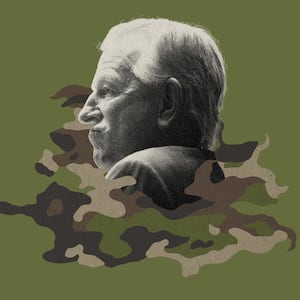 Photo illustration of Senator Tommy Tuberville amid green camouflage