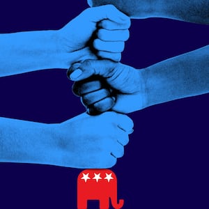 A photo illustration of a stack of fists pressing down on a red elephant