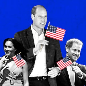 A photo illustration of Prince William, Prince Harry, and Meghan Markle on a blue background