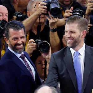 Donald Trump Jr. and Eric Trump attend the first day of the Republican National Convention at the Fiserv Forum on July 15, 2024 in Milwaukee, Wisconsin.