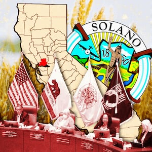 A photo illustration of a map of California and the Solano County seal, a Solano County Board of Supervisors meeting, and a farm field background.