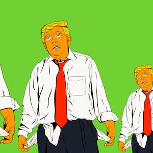 Illustration of Donald Trump with his empty pockets turned out