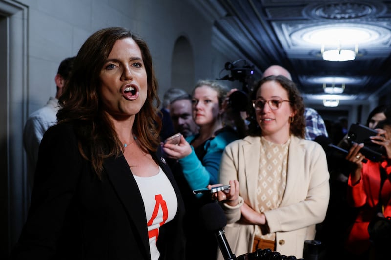 Rep. Nancy Mace (R-SC) speaks with the media as Republicans work towards electing a new Speaker of the House.