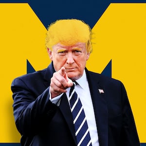 An illustration including a photo of former U.S. President Donald Trump and the Michigan sports logo