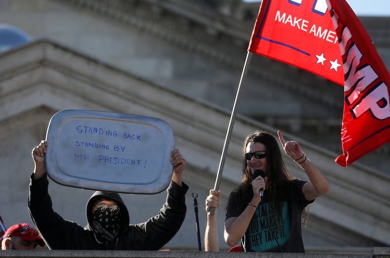 “Stop the Steal” protest organizer Scott Presler speaks during a rally outside the Pennsylvania Capitol after the 2020 election.