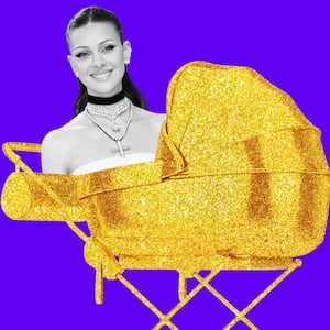 A photo illustration of Nicola Peltz in a golden stroller.