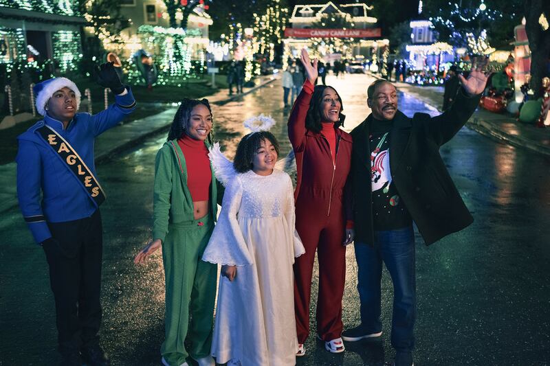 Thaddeus J. Mixson, Genneya Walton, Madison Thomas, Tracee Ellis Ross, and Eddie Murphy in Candy Cane Lane.