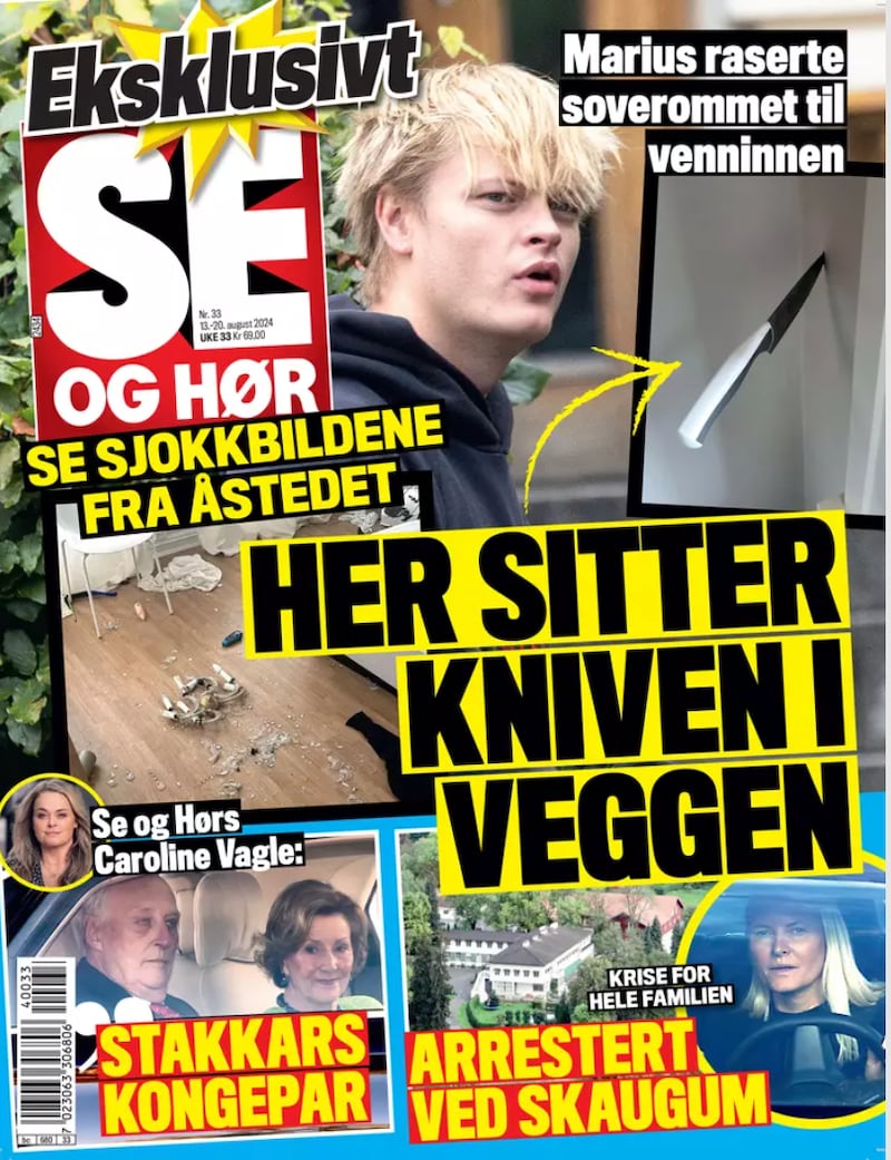 Cover for Se og Hør showing knife lodged in wall