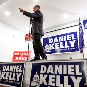 Wisconsin Supreme Court candidate Daniel Kelly speaks during a campaign event the night before Wisconsin's Supreme Court election.