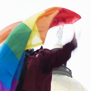 A flag pictured during a protest after Georgia voted to prohibit most gender-affirming care for minors.