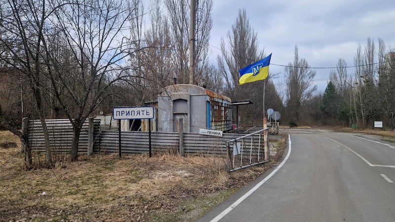 Ukraine flag in the area of the Chernobyl Nuclear Power Plant.