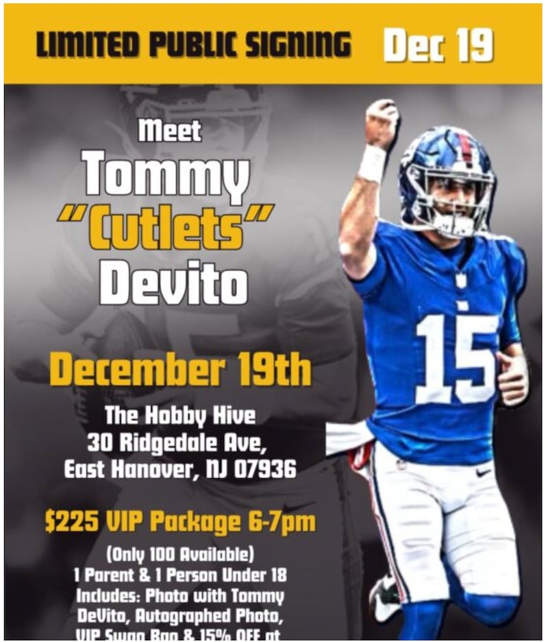 Screenshot of a flyer for an event at The Hobby Hive involving Tommy DeVito.