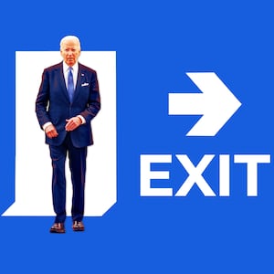 A photo illustration of President Biden and an Exit sign.