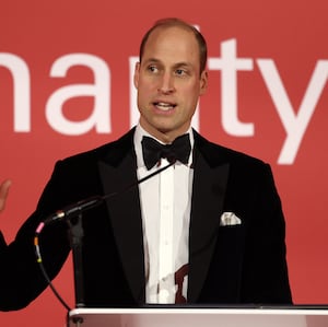 Britain's Prince William, Prince of Wales delivers a speech during the London Air Ambulance Charity Gala Dinner at The OWO on February 7, 2024 in London, England.