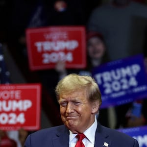 Republican presidential candidate and former U.S. President Donald Trump speaks during a campaign rally at Winthrop Coliseum ahead of the South Carolina Republican presidential primary, in Rock Hill, South Carolina, U.S., February 23, 2024. 