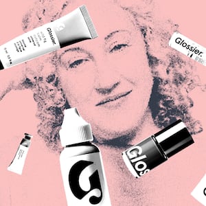 A photo illustration of Marisa Meltzer with Glossier products falling around her