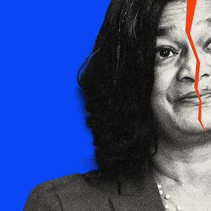 Photo illustration of Pramila Jayapal with a split down her face, all on a blue background.