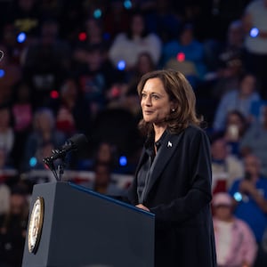 Democratic presidential nominee Vice President Kamala Harris speaks during a rally at the Dort Financial Center on October 04, 2024 in Flint, Michigan.