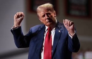 President-elect Donald Trump, dances on stage as he finishes speaking at a campaign rally at the Ed Fry Arena September 23, 2024 in Indiana, Pennsylvania.