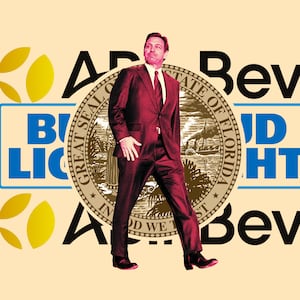 A photo illustration of Florida Governor Ron DeSantis with a background of AB InBev, Bud Light logo, and Florida state seal.