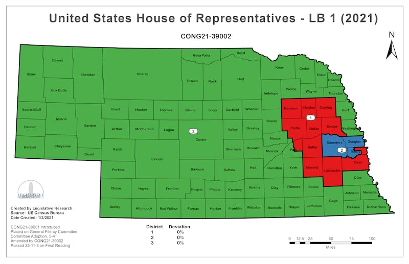 Map showing Nebraska’s three congressional districts.