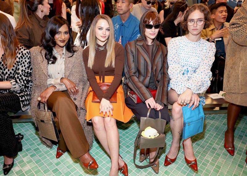 Left to right: Mindy Kaling, Joey King, Lola Tung and Ella Emhoff attend Tory Burch Spring/Summer 2025 during New York Fashion Week in Brooklyn, New York. 