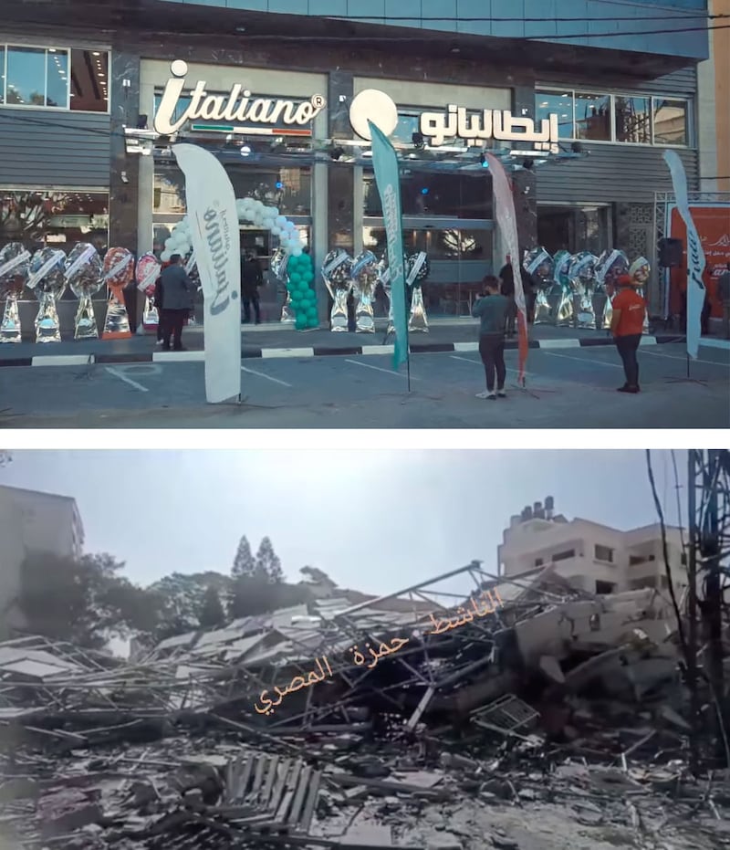 Two pictures of Italiano restaurant that show it before and after it was struck in the war.