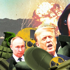 Photo Illustration featuring Donald Trump, Vladimir Putin, Kim Jung Un, and Na Kyung-won against a fiery backdrop. 