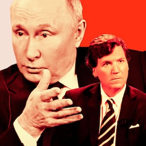 A photo illustration of Tucker Carlson and Vladamir Putin during their interview