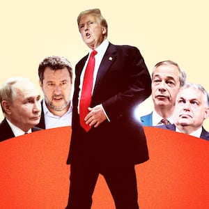 A photo illustration showing Donald Trump, Vladimir Putin, Matteo Salvini, Viktor Orban and Nigel Farage.