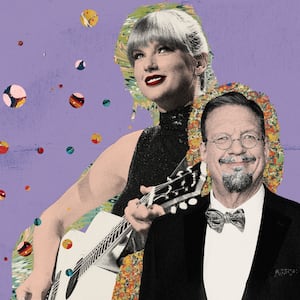 Photo illustration of Penn Jillette and Taylor Swift